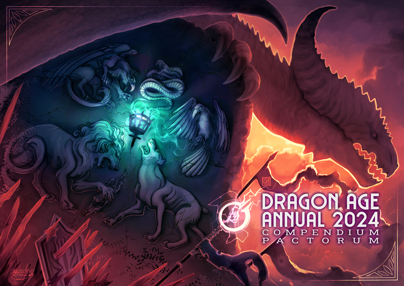 The front cover for the Dragon Age Annual 2024: Compendium Pactorum; the title is placed in the right front foreground in light purple-grey text and the letters have a faded neon-like vibrant purple glow. In the background, a dragon facing the right side of the image looms above a large stone, its claw curling around it. The stone contains carvings of animals representing the countries of Thedas arranged around a veilfire torch bathing the stone in teal light. From upper left circling around to bottom right the animals are: griffin for Anderfels, snake for Tevinter, crow for Antiva, Mabari for Ferelden, and lion for Orlais. The rest of the image is cast in vibrant orange, pink, and yellow from a rising or setting sun which is positioned behind the dragon, the light is reflected in the background on cumulus clouds which add texture to the image. In the foreground discarded on the ground as if left from battle there is a Templar shield and a mage staff; the mage staff is casing very light yellow lightning in the shape of the Circle of Magi symbol. In the midground, to the right of the stone, under the dragon's head, and framing the title are two red banners - one with the Qun symbol and the other with the Chantry symbol. In the upper left and lower right corner there are two art deco style adornments in a metallic sheen used to frame the picture.