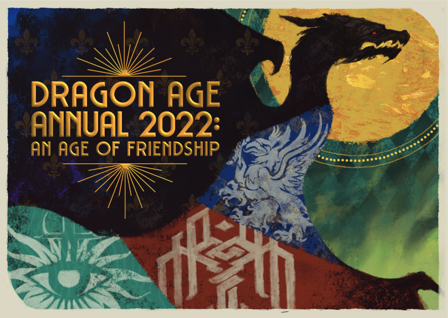 The cover for the 2022 Dragon Age Annual. It features the silhouette of a dragon made up of patchwork textures. The top part is a fleur dis lis pattern fading from blue to black, while the bottom has a teal section featuring the Inquisition logo, a red section featuring the Kirkwall logo, and a blue section featuring the Grey Wardens logo. The background is a green color reminiscent of the Fade. Above the background and behind the dragons head sits a golden circle. On the main body of the dragon is gold lettering which says 'Dragon Age Annual 2022: An Age of Friendship'.