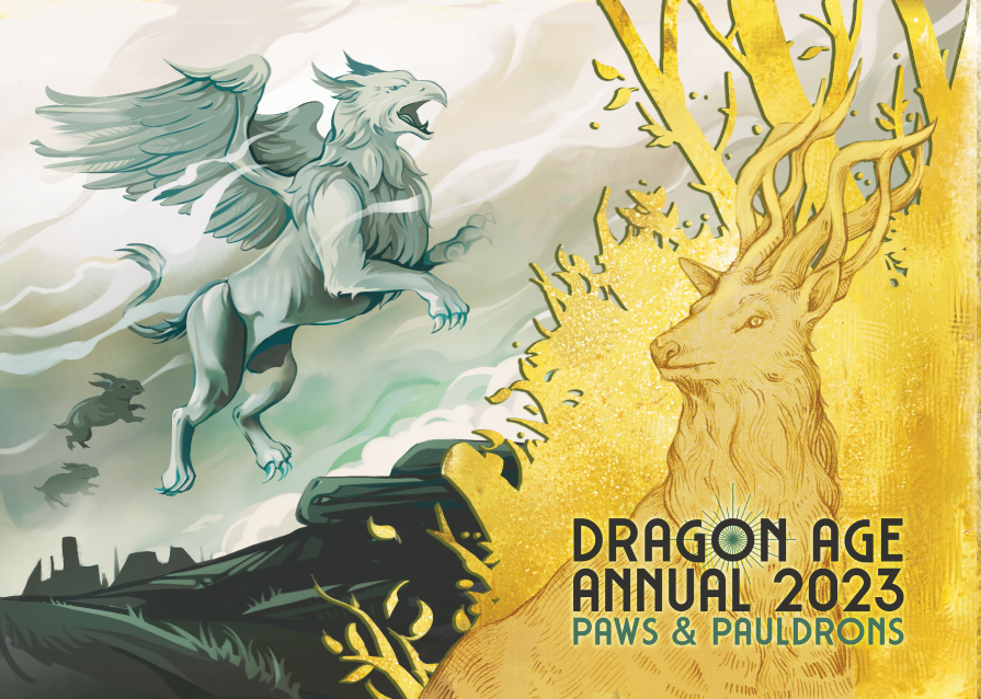 The cover for the 2023 Dragon AGe Annual. The background is a greenish hued landscape, featuring an ethereal ghostly griffin. Behind the griffin in silhouette are floating nugs. On the right side, overlaying the background is a golden cutout of shrubs and branches featuring a halla who's horns blend into the branches above. In front of the halla in black text is 'Dragon Age Annual 2023' and beneath that in green text is 'Paws & Pauldrons'.